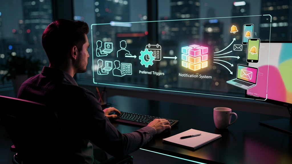 O que são Notificações Automáticas e como aplicar no EAD? — Um diagrama de fluxo mostrando como as notificações automáticas funcionam em uma plataforma EAD. O fluxo começa com 'Ação do Aluno' (ex: ins