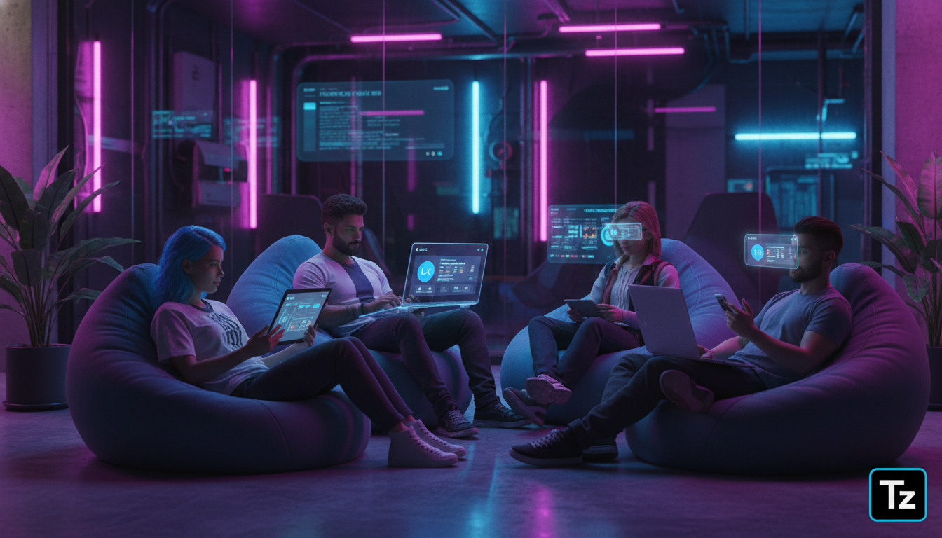 O que são Pílulas de Conteúdo e como aplicar na Educação Corporativa? — A diverse group of employees sitting comfortably in beanbag chairs in a modern office space, each person engaged with a differen