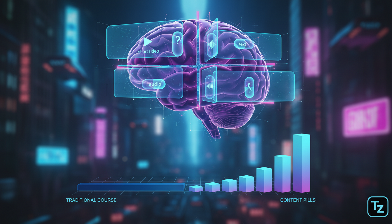 O que são Pílulas de Conteúdo e como aplicar no EAD? — Um infográfico dividido em duas partes. Na parte superior, um cérebro estilizado com vários 'compartimentos' que se abrem, cada um contendo um íc