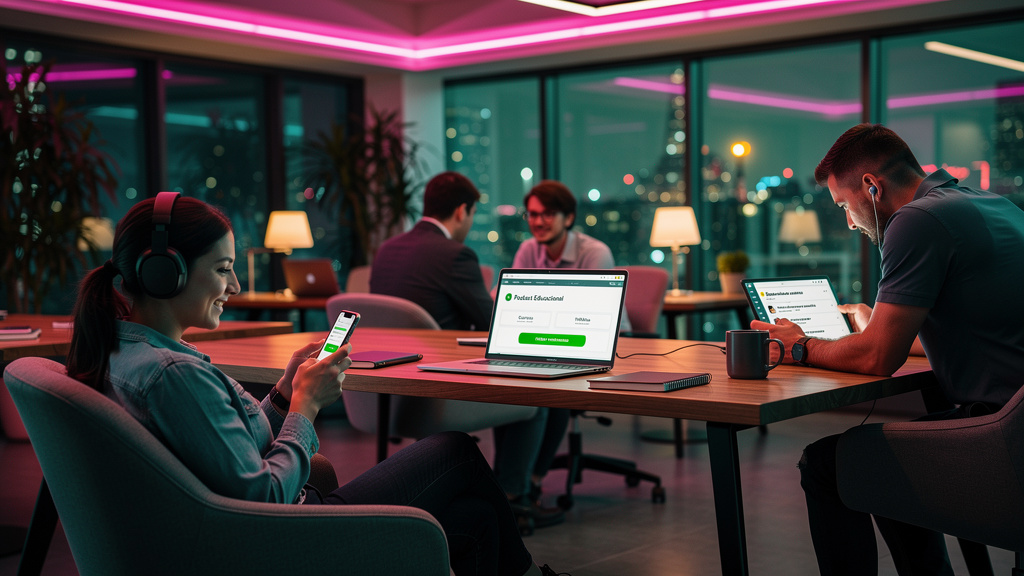 O que são Podcasts Educacionais e como aplicar na Educação Corporativa? — Um grupo diversificado de colaboradores participando de um treinamento corporativo em um espaço de coworking moderno. Alguns e