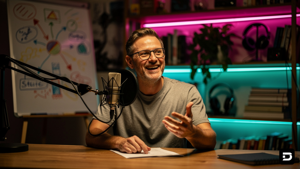 O que são Podcasts Educacionais e como aplicar no EAD? — Um professor universitário gravando um podcast educacional em um estúdio caseiro aconchegante. Ele está sorrindo e gesticulando enquanto fala a