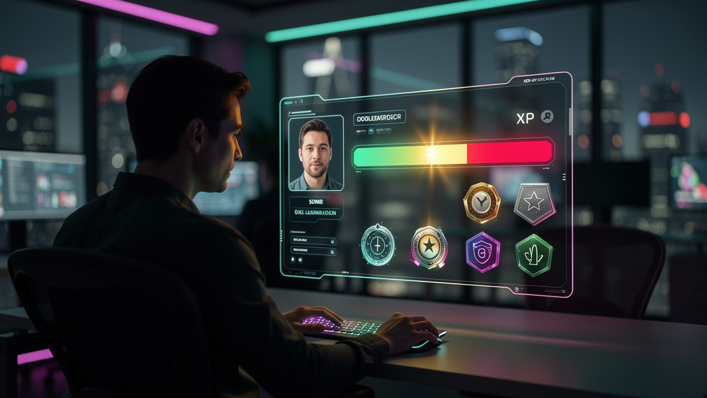 O que são Pontos de XP e como aplicar na Educação Corporativa — Ilustração de um painel digital mostrando o perfil de um colaborador em uma plataforma de educação corporativa. O painel exibe a foto do