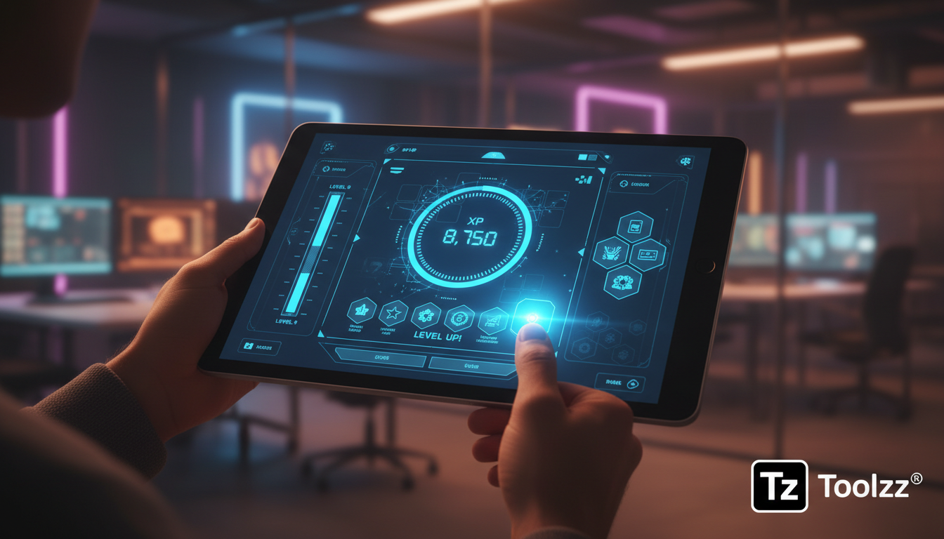 O que são Pontos de XP e como aplicar na Educação Corporativa — Um close-up das mãos de um colaborador utilizando a plataforma Toolzz LXP em um tablet. A tela do tablet exibe um painel com pontuação d