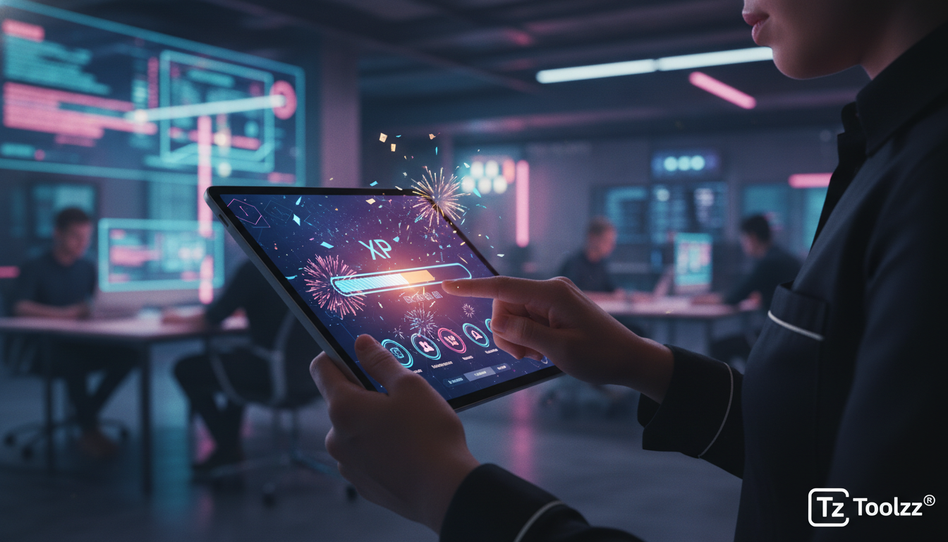 O que são Pontos de XP e como aplicar na Educação Corporativa — Um close-up das mãos de um colaborador interagindo com uma interface gamificada em um tablet. A interface mostra uma barra de XP se ench