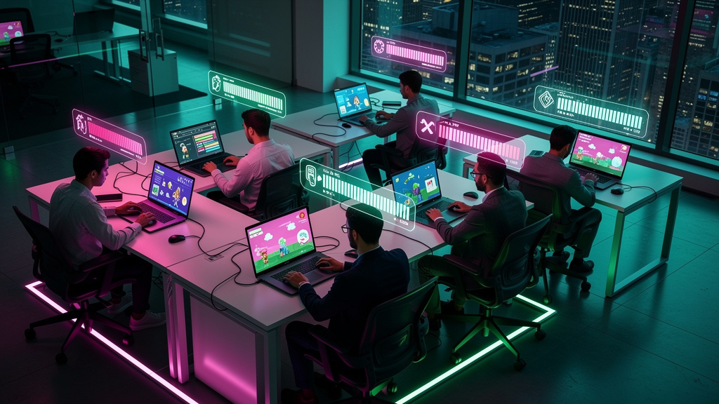 O que são Pontos de XP e como aplicar na Educação Corporativa? — Visão isométrica de uma sala de treinamento corporativa. Os funcionários estão sentados em suas mesas, cada um com um laptop aberto mos