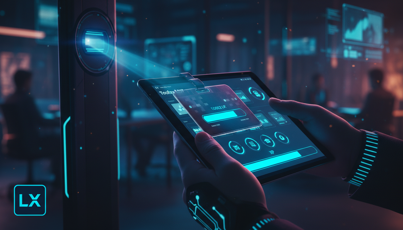 O que são Pontos de XP e como aplicar na Educação Corporativa/EAD — Close-up de um crachá de funcionário que se transforma em uma barra de experiência (XP) ao ser escaneado em um terminal digital. A b