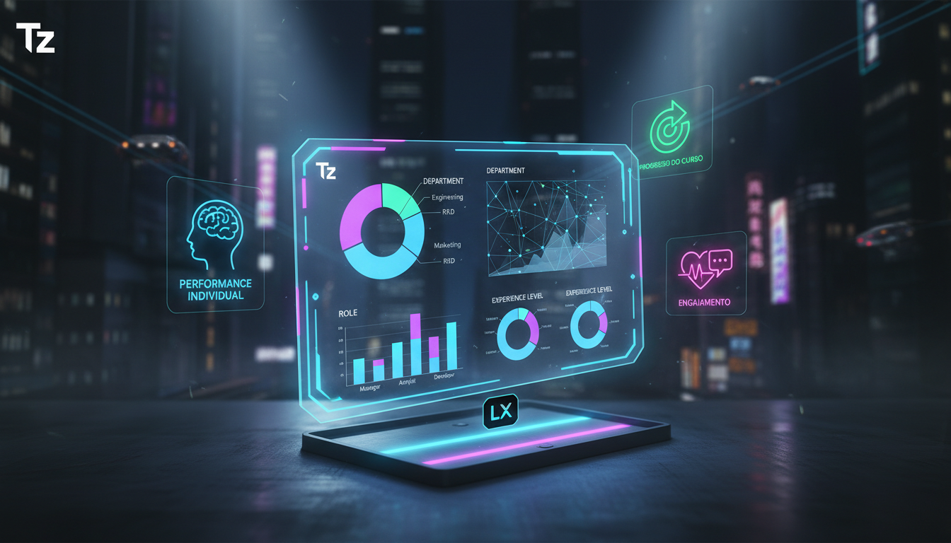 O que são Relatórios Avançados e como aplicar na Educação Corporativa? — Visualização isométrica de um painel de controle de Learning Management System (LMS) exibindo gráficos detalhados e métricas de