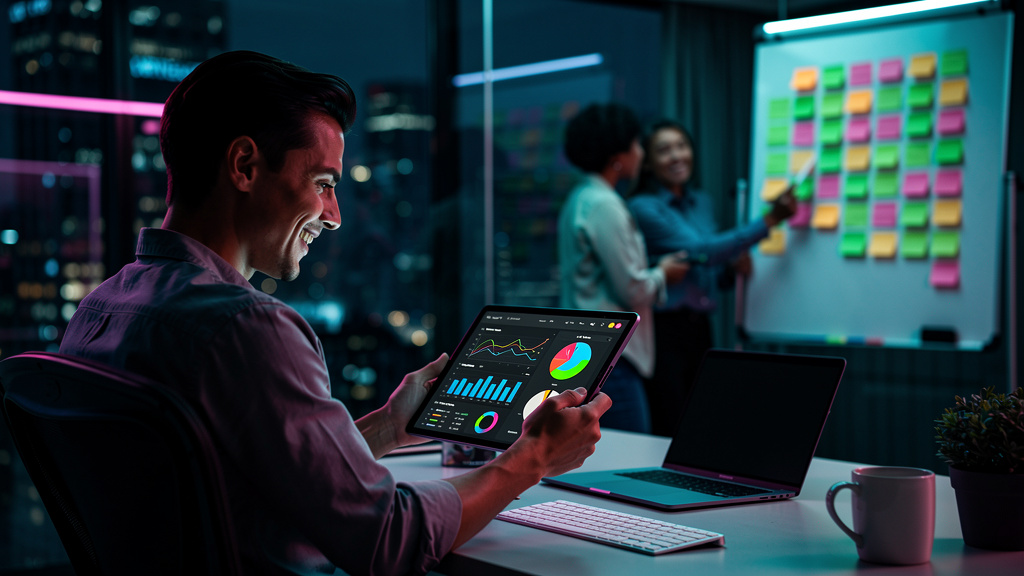 O que são Relatórios de Progresso e como Aplicá-los no EAD? — Um instrutor de EAD em um escritório moderno, sorrindo enquanto analisa um relatório de progresso detalhado em um tablet. O relatório relat