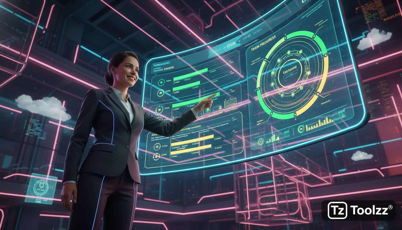 O que são Relatórios de Progresso e como aplicar na Educação Corporativa — Um instrutor corporativo sorrindo, apontando para um dashboard digital exibido em um monitor grande. O dashboard mostra gráfi