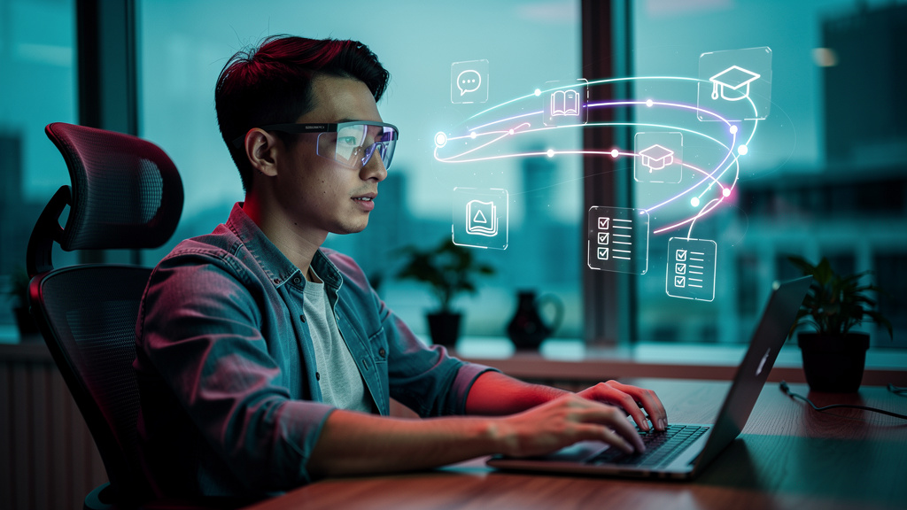O Que São Trilhas de Aprendizado e Como Aplicá-las no EAD? — Uma pessoa usando óculos de realidade aumentada em um escritório moderno. As lentes exibem um mapa estilizado de uma trilha de aprendizado,
