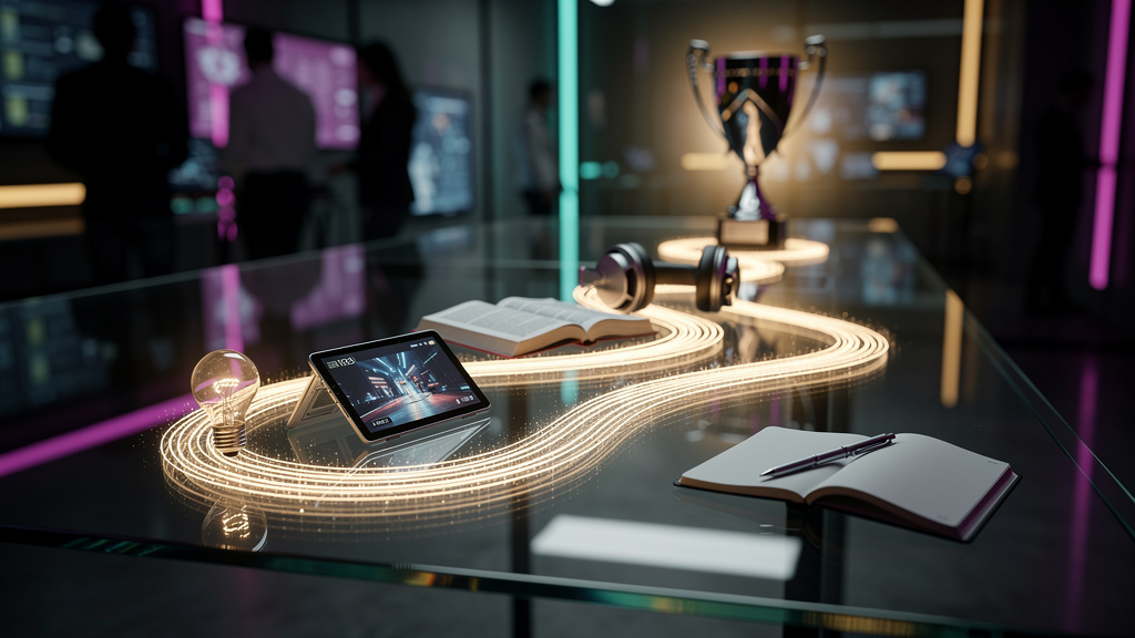 O que são Trilhas de Aprendizado e como aplicar — Uma ilustração digital que mostra um mapa estilizado de uma jornada de aprendizado. O mapa começa em um ponto 'Início' com um ícone de uma lâmpada e t