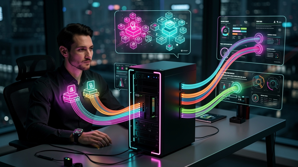 O que são Trilhas Personalizadas com IA na Educação Corporativa? — Um diagrama isométrico mostrando a coleta de dados de um colaborador (habilidades, objetivos, preferências) fluindo através de cabos 