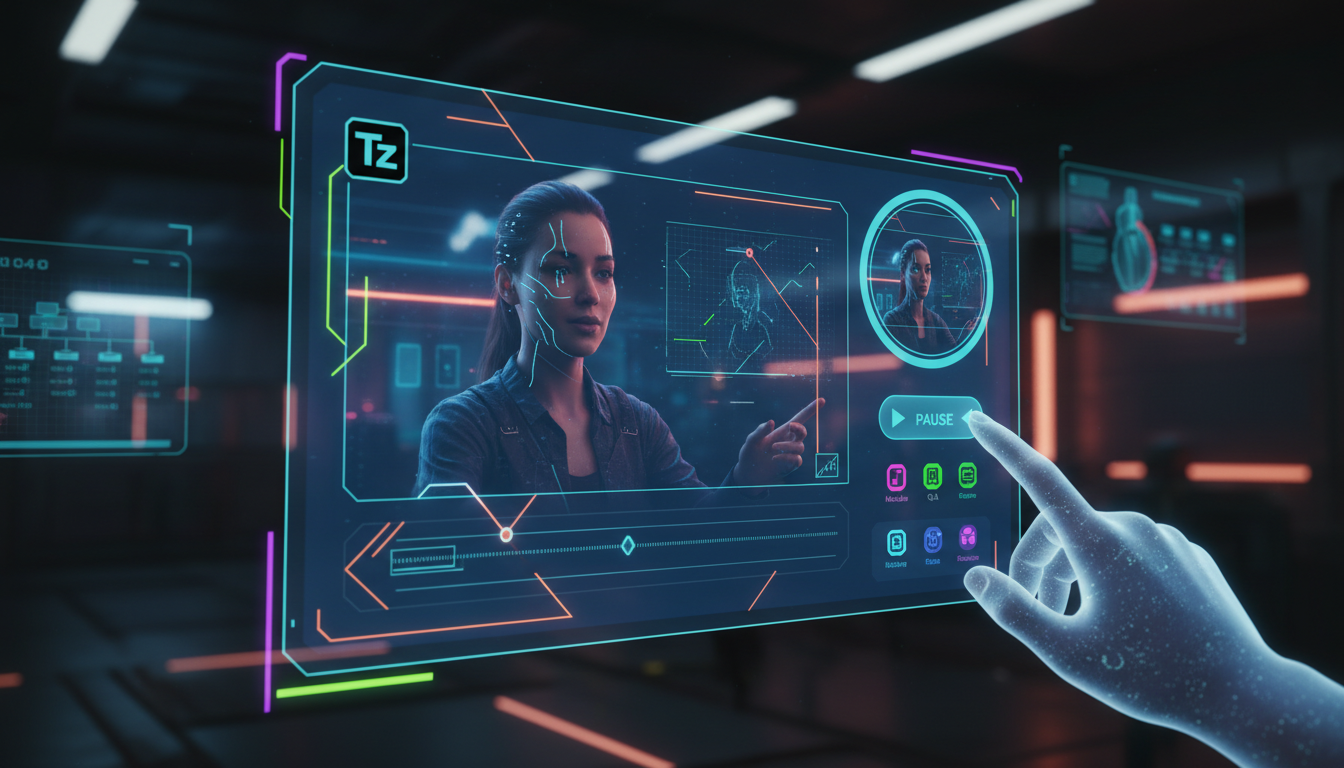 O que são Videoaulas e como aplicar na Educação Corporativa — Close-up de uma tela de computador mostrando uma interface de plataforma de EAD com uma videoaula em reprodução. A interface é limpa e int