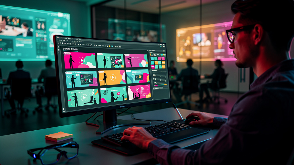O que são Videoaulas e como aplicar na Educação Corporativa — Um designer de instrução trabalhando em um storyboard digital para uma videoaula. A tela do computador mostra um roteiro visual detalhado,