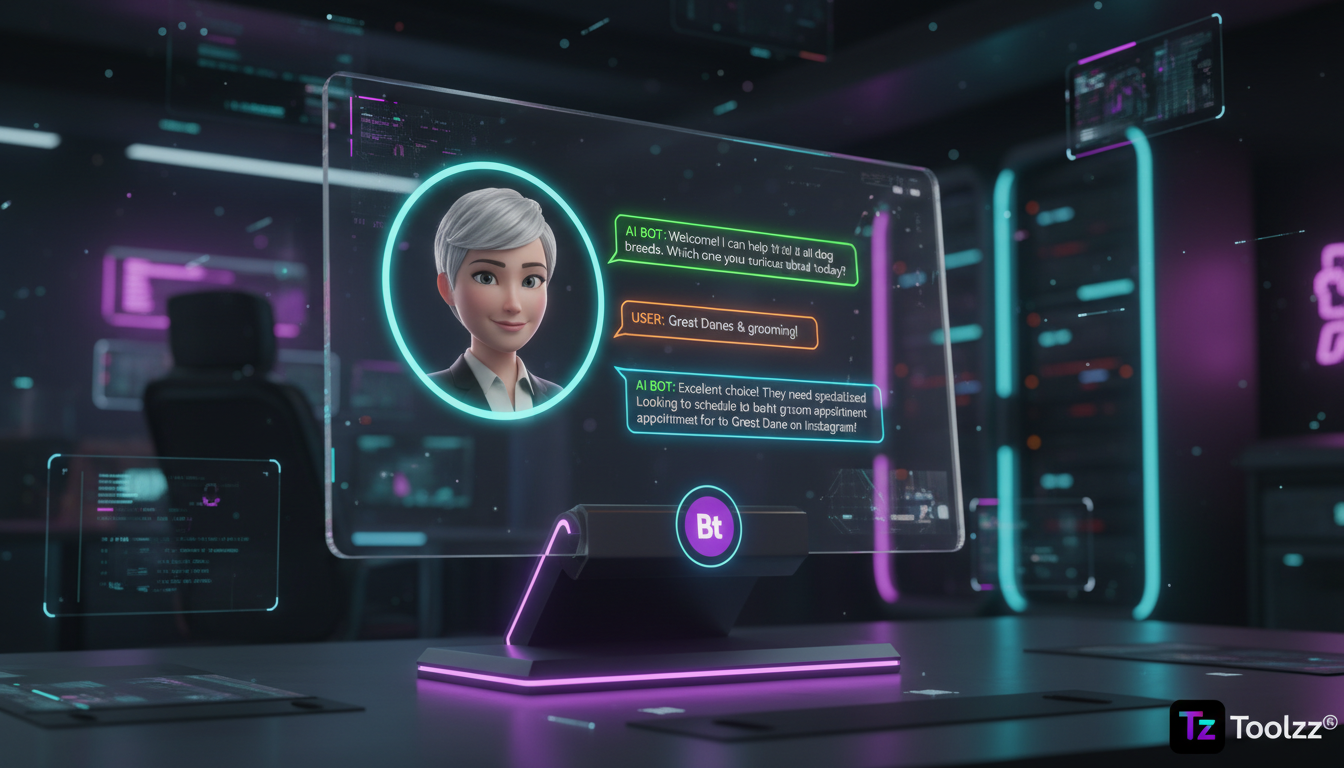 O que todo CEO precisa saber sobre a Automação do Instagram em 2026 — Um close-up de um chatbot de IA avançado da Toolzz respondendo a perguntas complexas sobre raças de cachorros e agendamento de ban