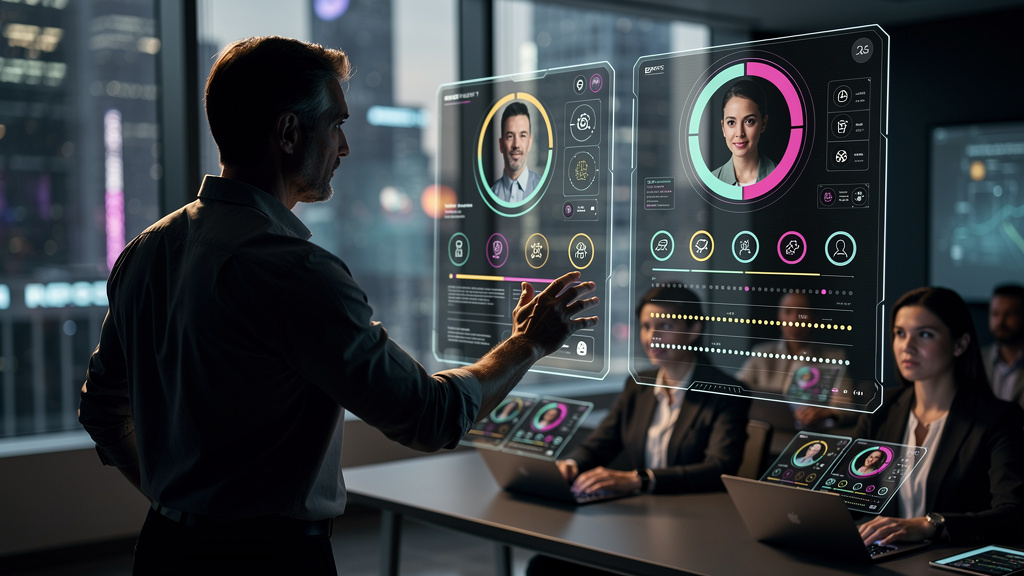 O que todo CEO precisa saber sobre IA Generativa na Educação Corporativa em 2026 — Um instrutor corporativo interagindo com uma interface holográfica complexa que mostra dados de aprendizado personali
