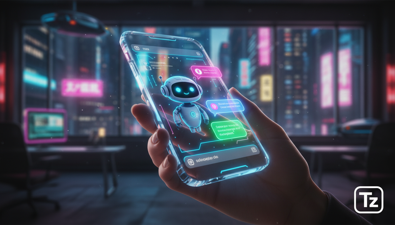 O que todo CEO precisa saber sobre IA no Instagram — Um agente de IA estilizado como um avatar simpático interagindo em uma caixa de mensagens direta (DM) do Instagram em um smartphone, respondendo a 