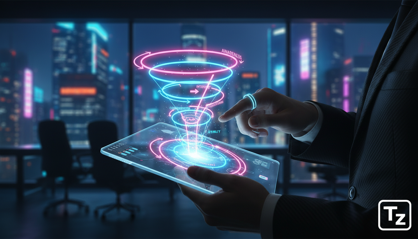 O que todo CEO precisa saber sobre IA no Instagram — Um close-up das mãos de um profissional de marketing usando um tablet. Na tela do tablet, um diagrama de funil de vendas do Instagram é exibido, co