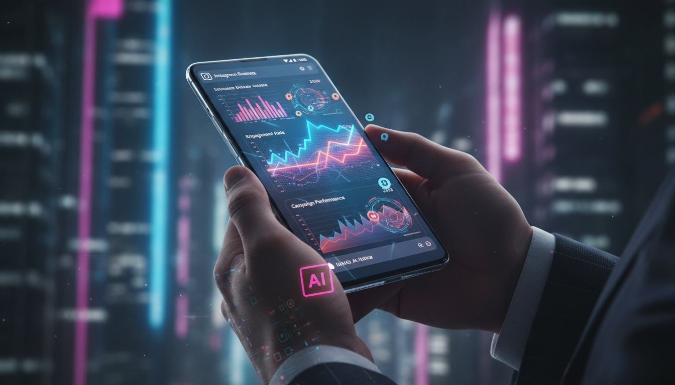 O que todo CEO precisa saber sobre IA para Instagram Business — Um close-up de um smartphone exibindo um painel de análise de dados do Instagram. Gráficos coloridos e números mostram o engajamento do 
