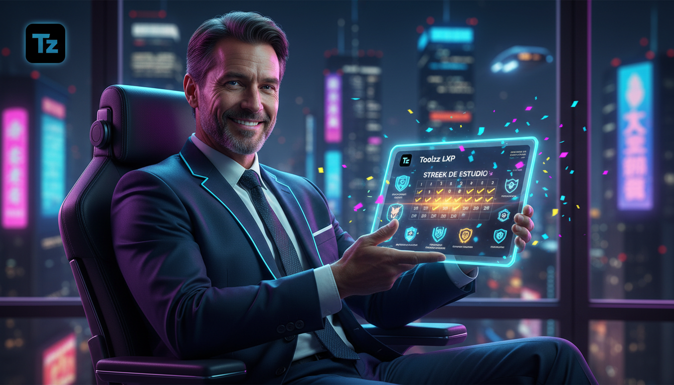 O que todo CEO precisa saber sobre Streak de Estudo em 2026 — Ilustração de um executivo sorrindo enquanto utiliza um tablet. A tela do tablet exibe um dashboard da Toolzz LXP com um 'Streak de Estudo