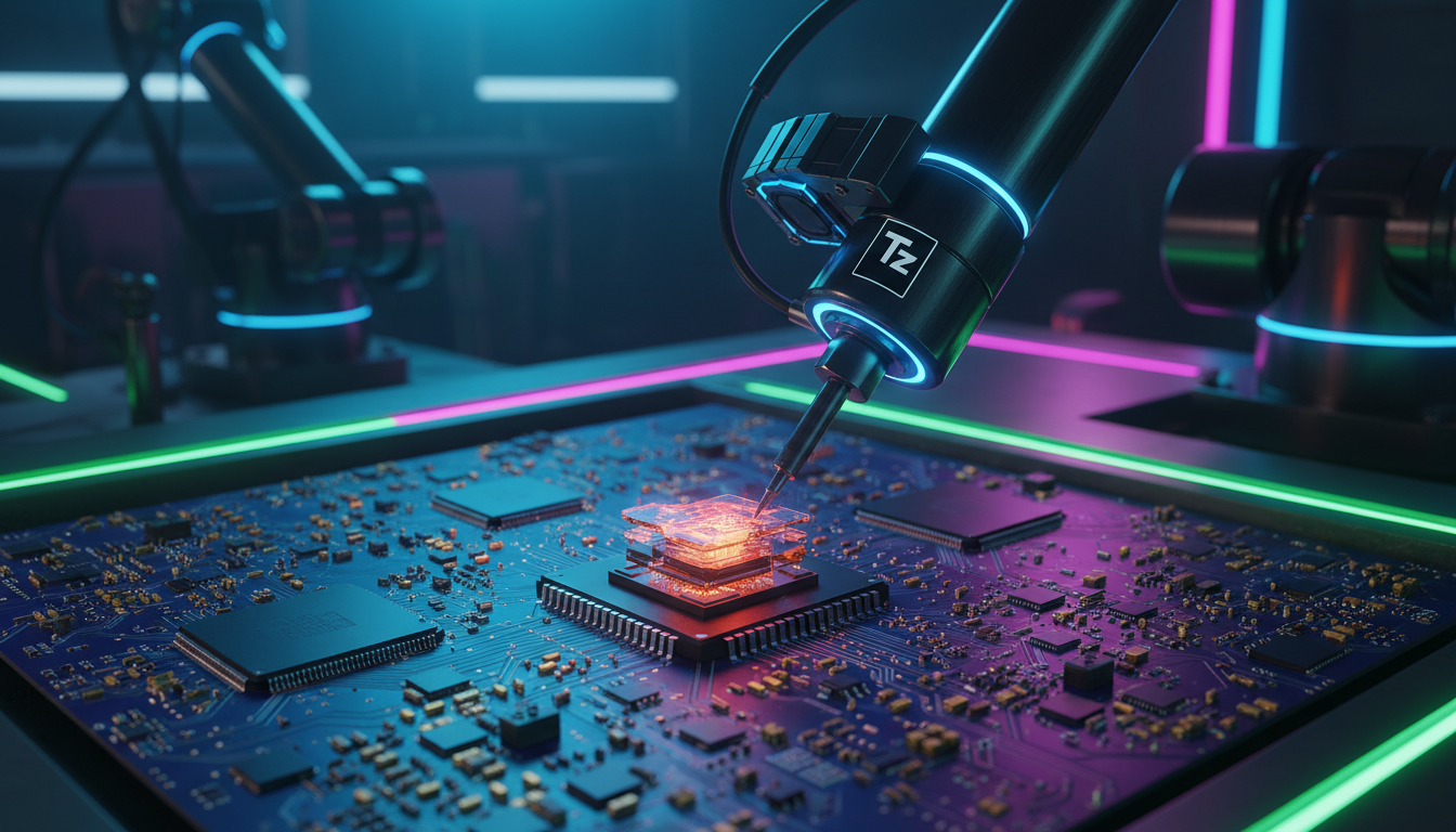 O Que um Chip Precisa Para Superar a Nvidia em IA? — Close-up de uma placa de circuito impresso com trilhas complexas e componentes minúsculos. Um braço robótico de alta precisão está soldando um novo