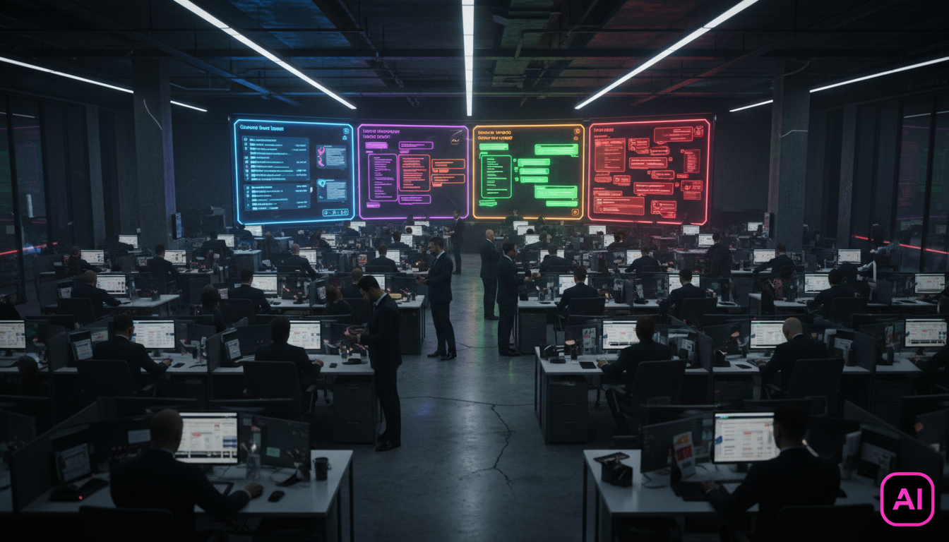 O que você precisa saber sobre Agentes IA Social Media — Um painel de controle omnichannel exibido em múltiplos monitores em um escritório de advocacia movimentado. O painel mostra mensagens de Instag