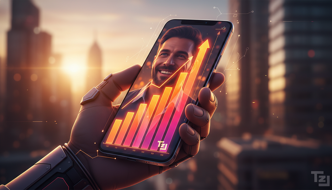 O que você precisa saber sobre automação de marketing no Instagram — Close-up de uma mão segurando um smartphone onde um gráfico de barras ascendente preenche a tela. No reflexo da tela do celular, po