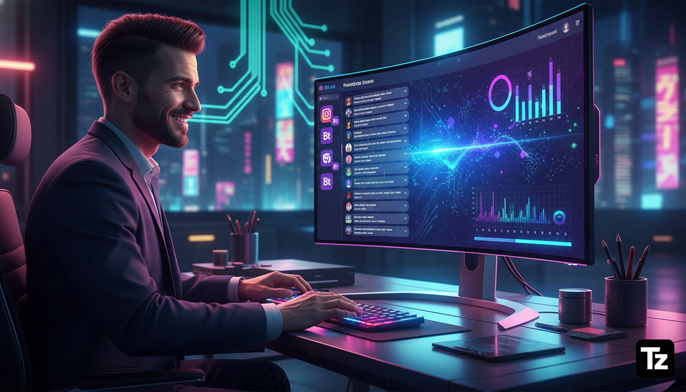 O que você precisa saber sobre Chatbot Instagram DM — Um profissional de marketing, sentado em uma mesa organizada, sorrindo enquanto observa um fluxo constante de mensagens sendo respondidas automati