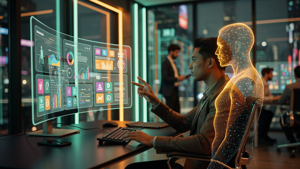 O que você precisa saber sobre Educação Corporativa em 2026 — Um agente de IA da Toolzz, com a forma de um assistente virtual amigável, auxiliando um colaborador em um treinamento corporativo. O assis