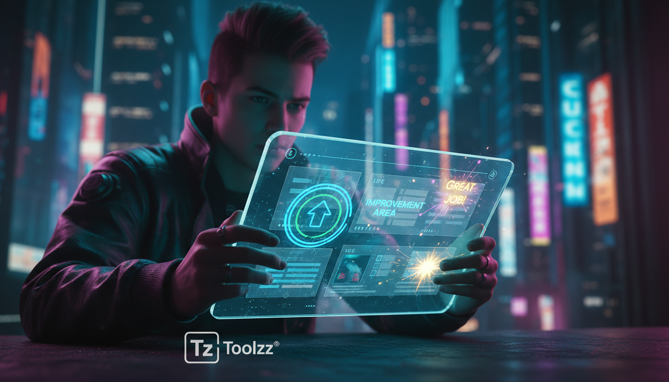 O que você precisa saber sobre Feedback com IA em LXP em 2026 — Close-up de um aluno utilizando um LXP em um tablet transparente, com feedback em tempo real sobreposto à tela através de realidade aume