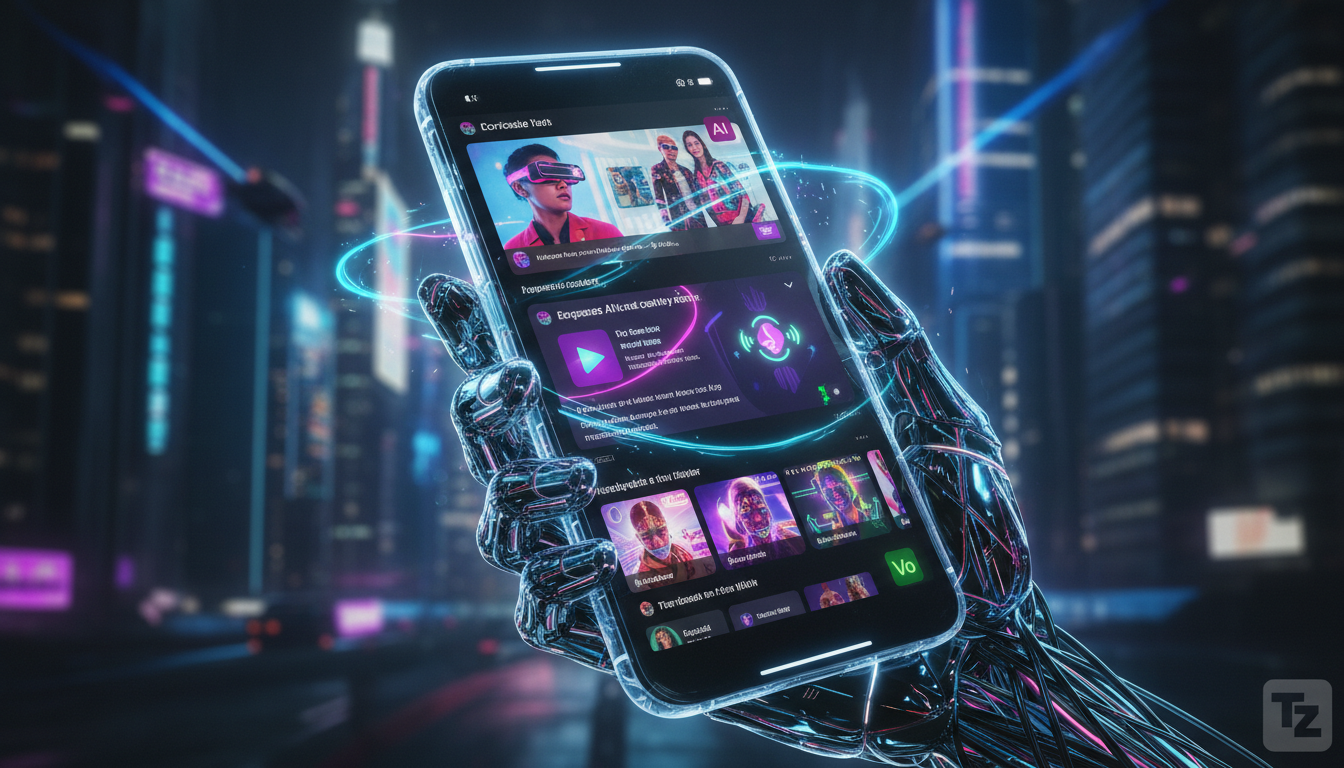 O que você precisa saber sobre IA para Redes Sociais — Close-up de um smartphone exibindo um feed de rede social dinâmico, com anúncios personalizados e conteúdo gerado por IA. Um pequeno logo da Tool