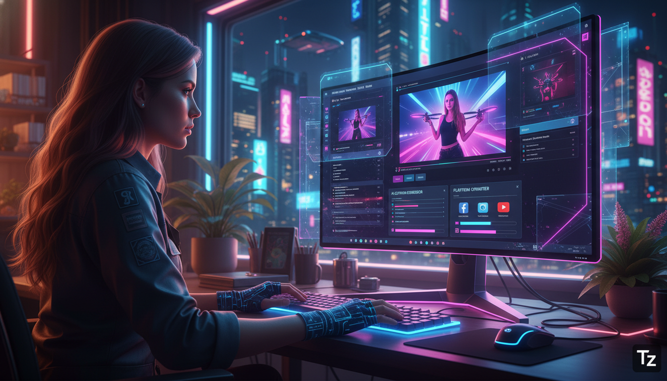 O que você precisa saber sobre IA para Redes Sociais — Um designer gráfico trabalhando em um software de edição de vídeo com ferramentas de IA generativa para criar conteúdo para redes sociais. A inte