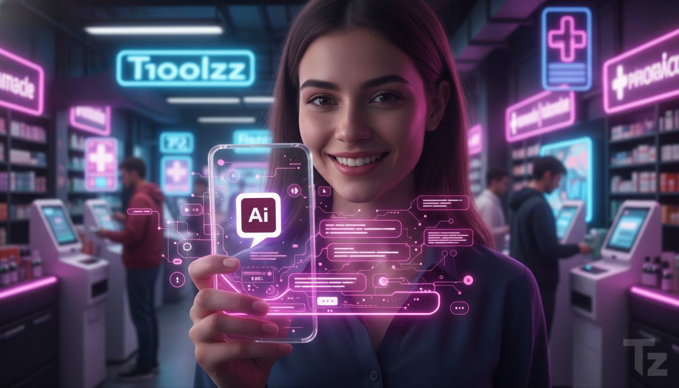 O que você precisa saber sobre Instagram Commerce IA — Uma mulher sorrindo enquanto interage com um chatbot em seu smartphone, com o logo da Toolzz aparecendo sutilmente como a plataforma do chatbot. 