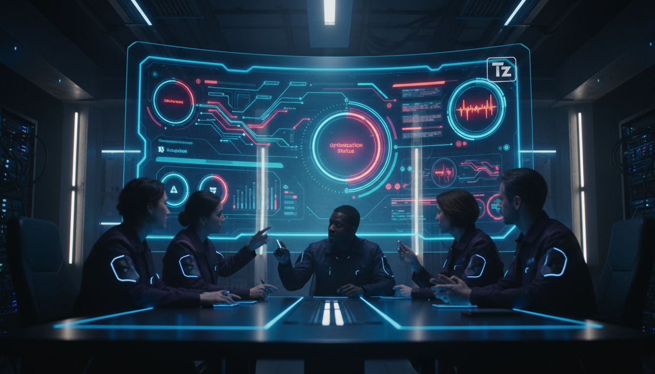 OctoAlly: Orquestre Sessões de Codificação com IA — Um painel de controle de software exibido em uma tela grande em um centro de operações de desenvolvimento. Vários gráficos e diagramas mostram o sta