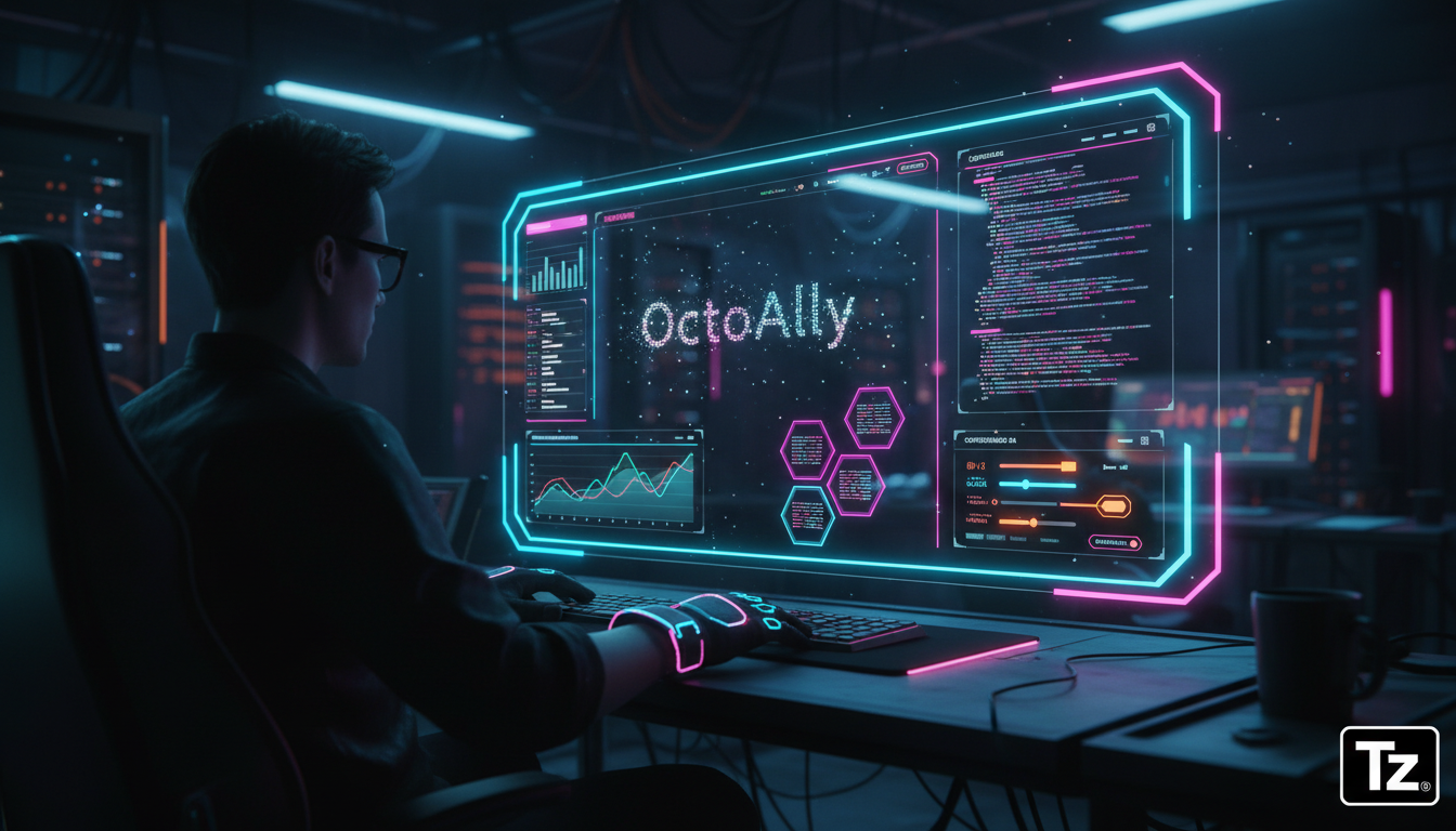 OctoAlly: Orquestre Sessões de Codificação com IA — Um painel de controle web elegante exibindo o OctoAlly em ação. Gráficos de desempenho, logs de código e configurações de IA são mostrados de forma 