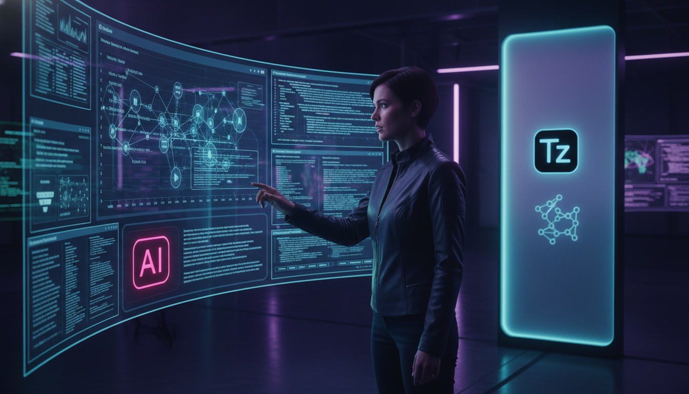 Open Source e IA: Por Que a Abertura é Crucial para o Futuro — Uma sala de controle futurista com diversas telas mostrando dados complexos de modelos de IA. Um engenheiro de dados analisa um gráfico d