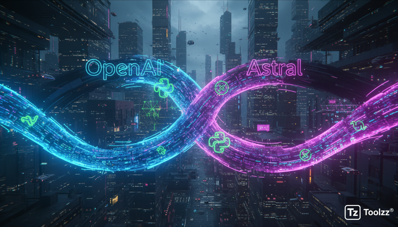 OpenAI Adquire Astral e Impulsiona Avanços em IA para Código — Ilustração digital mostrando a fusão de dois fluxos de código (um representando a OpenAI e outro a Astral) convergindo para formar um úni