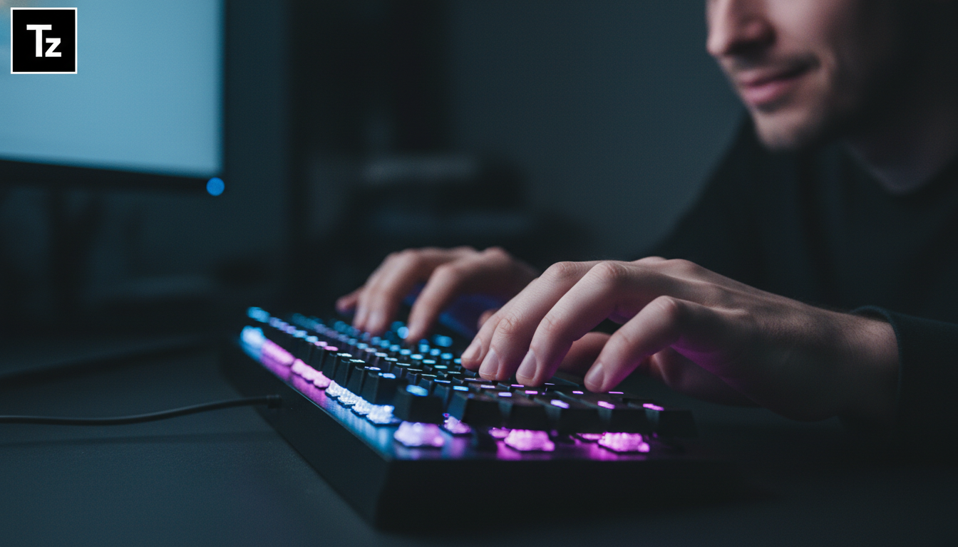 OpenAI Adquire Astral: O Que Isso Significa Para a IA e o Desenvolvimento? — Close-up das mãos de um desenvolvedor digitando em um teclado retroiluminado, com os dedos pairando sobre as teclas 'uv', '