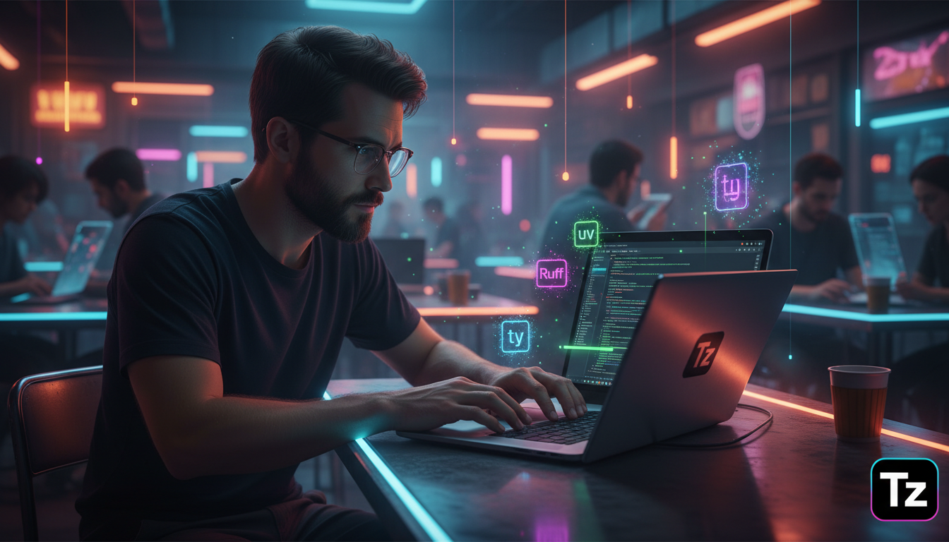 OpenAI Adquire Astral: O Que Isso Significa Para o Futuro da IA? — Um desenvolvedor Python trabalhando em seu laptop em um café movimentado. Na tela do laptop, o código está sendo automaticamente comp