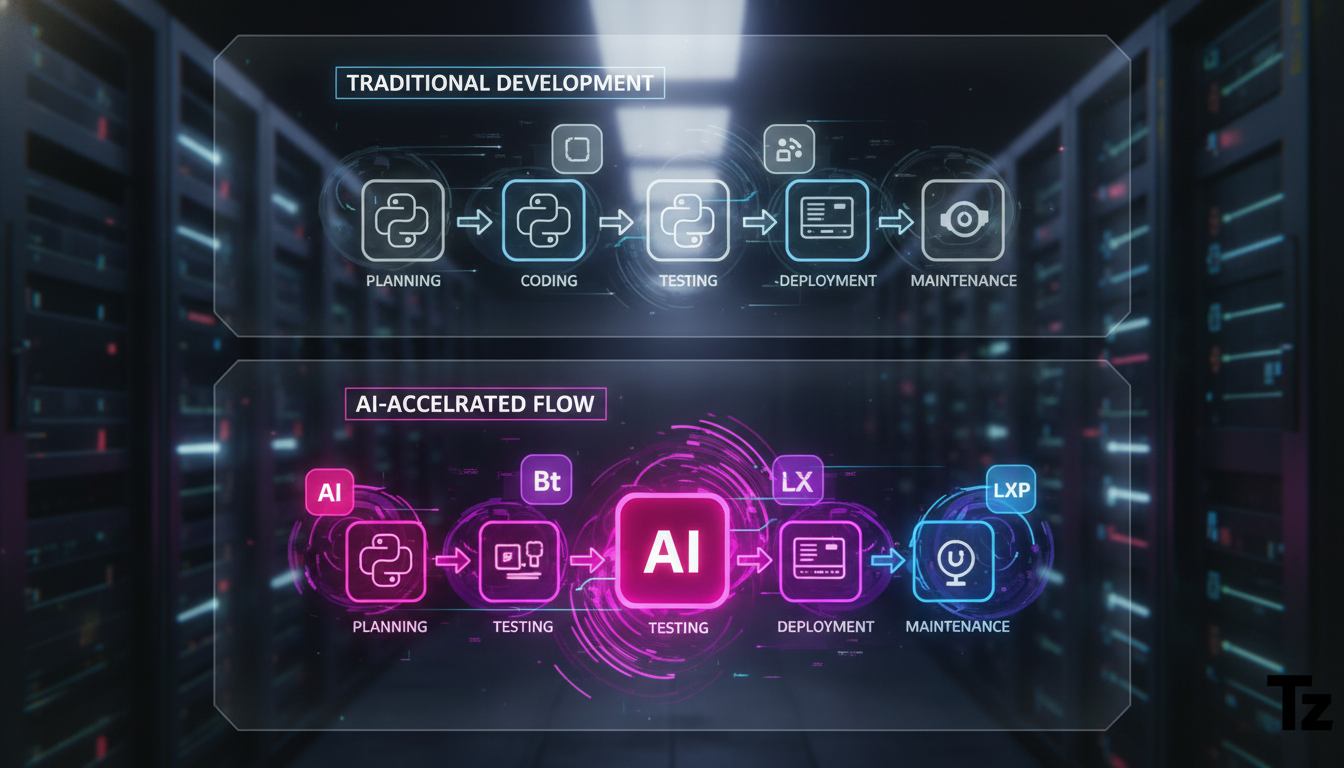 OpenAI Adquire Astral: O Que Isso Significa Para o Futuro da IA? — Um diagrama visual que mostra o fluxo de trabalho de desenvolvimento de software, dividido em etapas: planejamento, codificação (com 