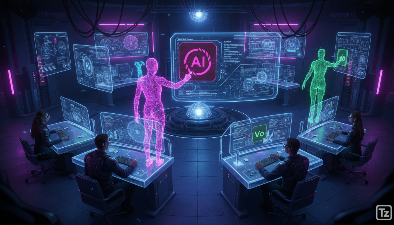 OpenAI e a Automação Total: O Futuro da Pesquisa com Agentes de IA — Visão aérea de uma sala de controle futurista, repleta de analistas de dados humanos trabalhando em conjunto com agentes de IA em t