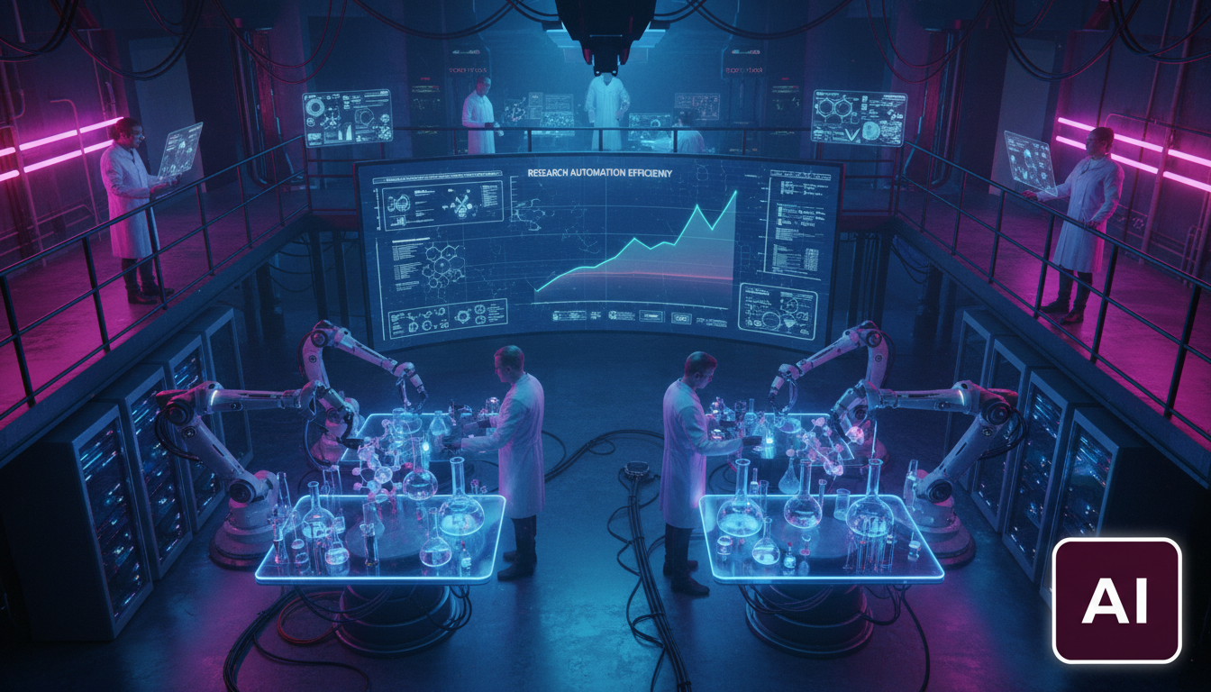 OpenAI e o Futuro da Automação da Pesquisa: O que Esperar — Uma visão aérea de um laboratório de alta tecnologia repleto de equipamentos avançados e robôs colaborativos. Os robôs estão conduzindo expe