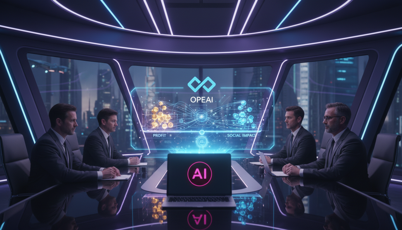 OpenAI e o Futuro da Filantropia: O Papel da IA no Bem Social — Uma sala de reunião moderna com executivos discutindo em torno de uma mesa. Um holograma projeta dados complexos mostrando o balanço ent