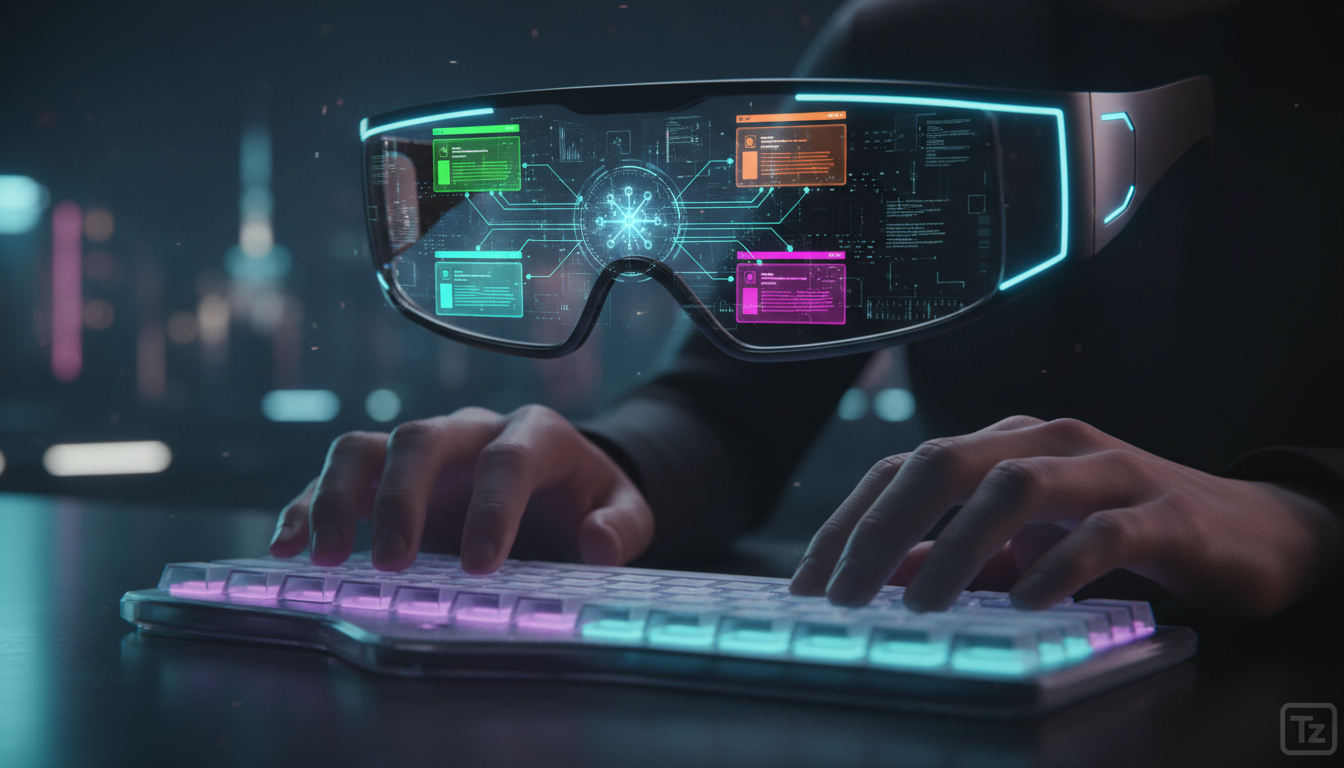 OpenAI e o Futuro da IA: O Que Esperar do Novo Superapp? — Close-up de uma mão digitando em um teclado futurista e ergonômico. Em vez de um monitor tradicional, a tela é projetada diretamente na retin
