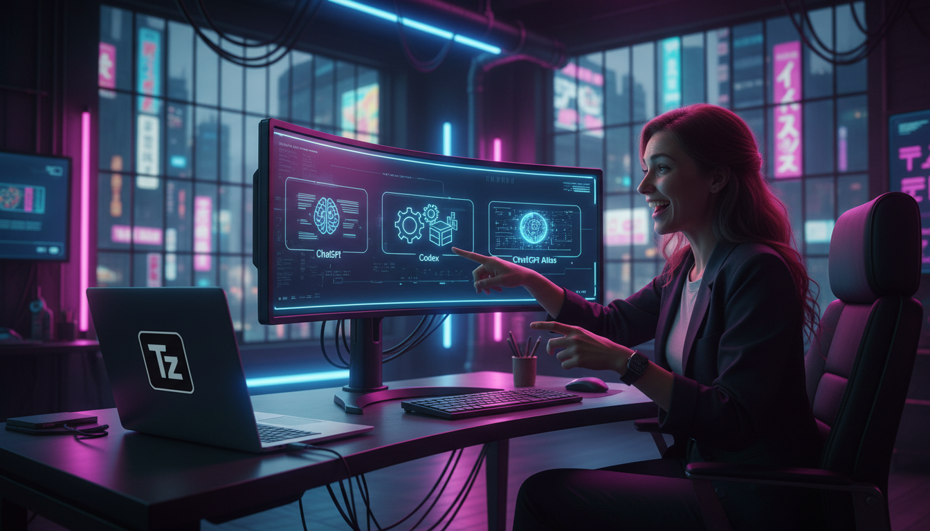 OpenAI Planeja App Desktop: O Futuro da IA? — Uma pessoa usando um aplicativo desktop que integra ChatGPT, Codex e um navegador web com IA (ChatGPT Atlas). A pessoa está sentada em uma mesa de escritó