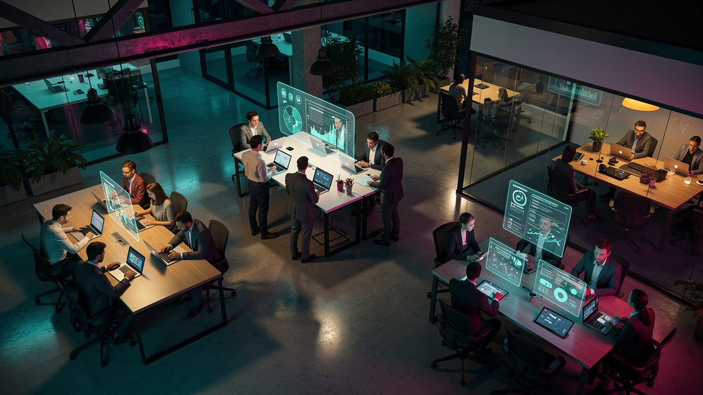 OpenAI Revoluciona a Produtividade: Como Empresas Podem se Beneficiar — Visão aérea de um escritório moderno e movimentado, com funcionários colaborando em diversas tarefas. Alguns estão usando laptop