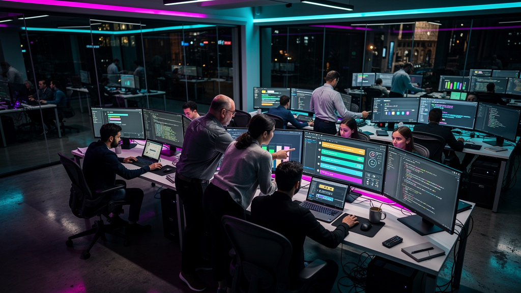 OpenAI Unifica Ferramentas de IA: O Que Isso Significa Para Sua Empresa? — Visão aérea de um escritório movimentado onde as telas dos computadores exibem interfaces do ChatGPT, Codex e Atlas integrada