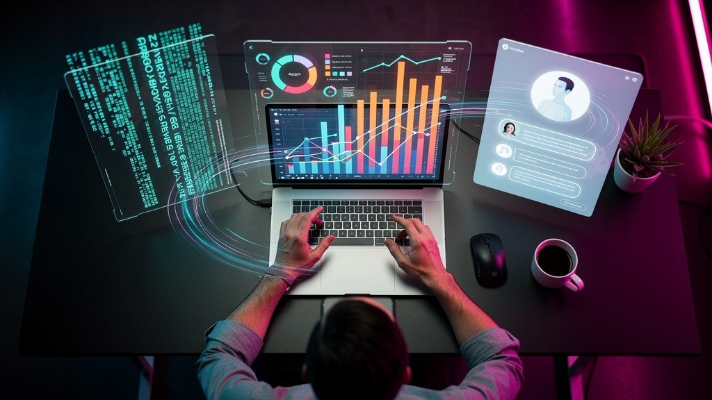OpenAI Unifica IA: O Que Sua Empresa Precisa Saber — Visão aérea de uma mesa de escritório moderna, onde um profissional de marketing interage com uma interface holográfica complexa que exibe simultan