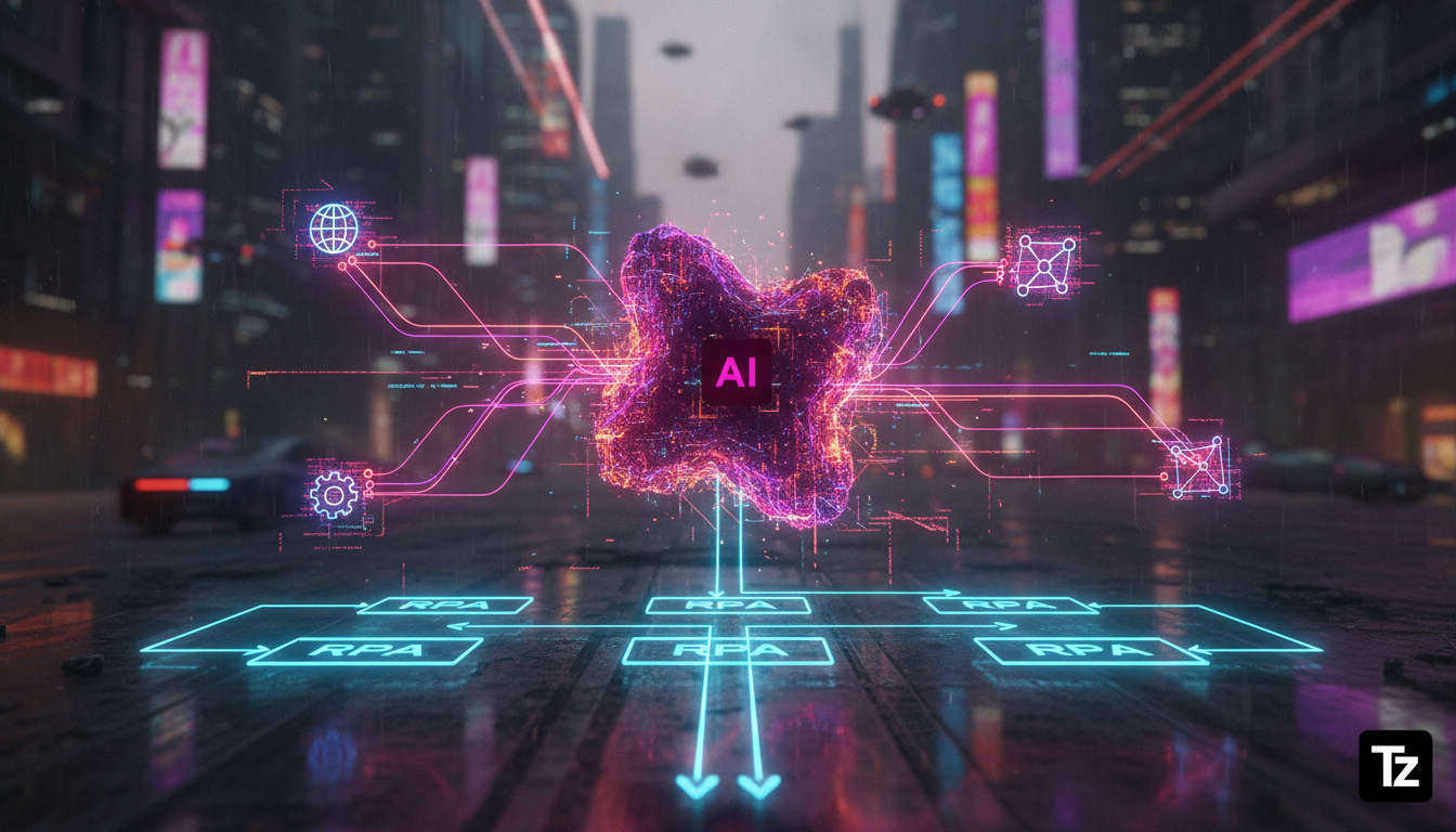 OpenClaw e a Nova Geração de Agentes de IA: Autonomia e Riscos — Ilustração de um diagrama de fluxo que mostra a evolução da automação. Na parte inferior, caixas representando 'RPA' com setas rígidas 