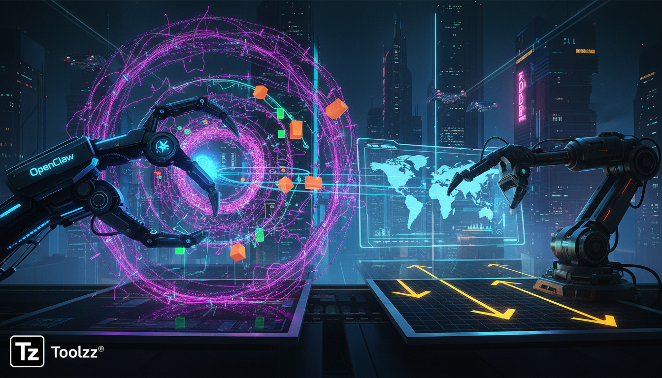 OpenClaw e a Nova Geração de Agentes de IA: Autonomia e Riscos — Infográfico comparando RPA e Agentes de IA. No bloco superior, uma ilustração estilizada de um robô RPA seguindo um caminho linear pré-